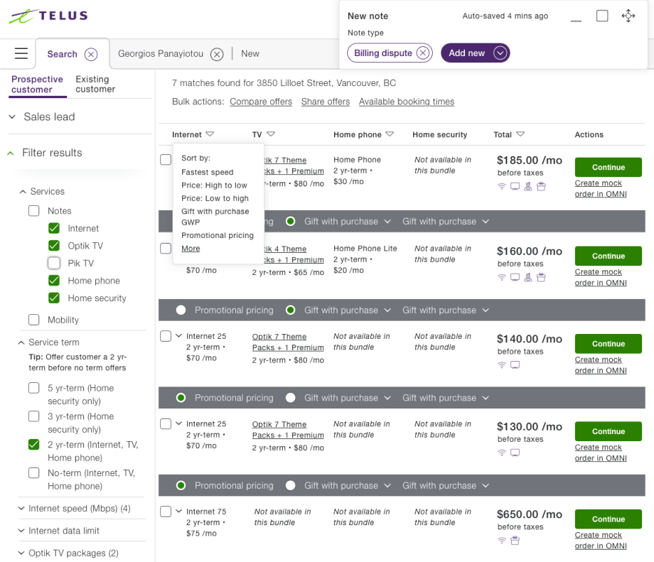 TELUS call center application interface for customer support agents